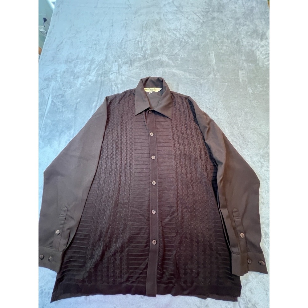 Silversilk Privee Mens Shirt Large Brown Textured Knit Silk Button Up